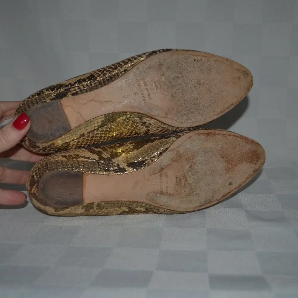 Sz 6 Loeffler Randall Gold Snakeskin Effect Ballet Flats Shoes